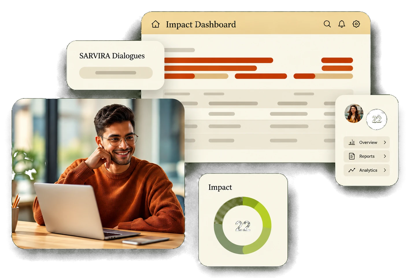 RJ Ventures impact dashboard: a young professional at work alongside SARVIRA Dialogues and impact summary cards